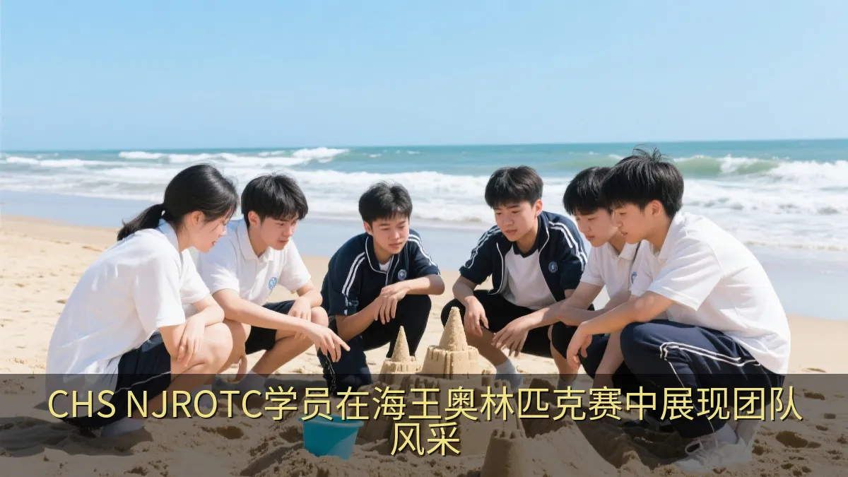 海滩上的学生团队完成协作活动后共同庆祝。